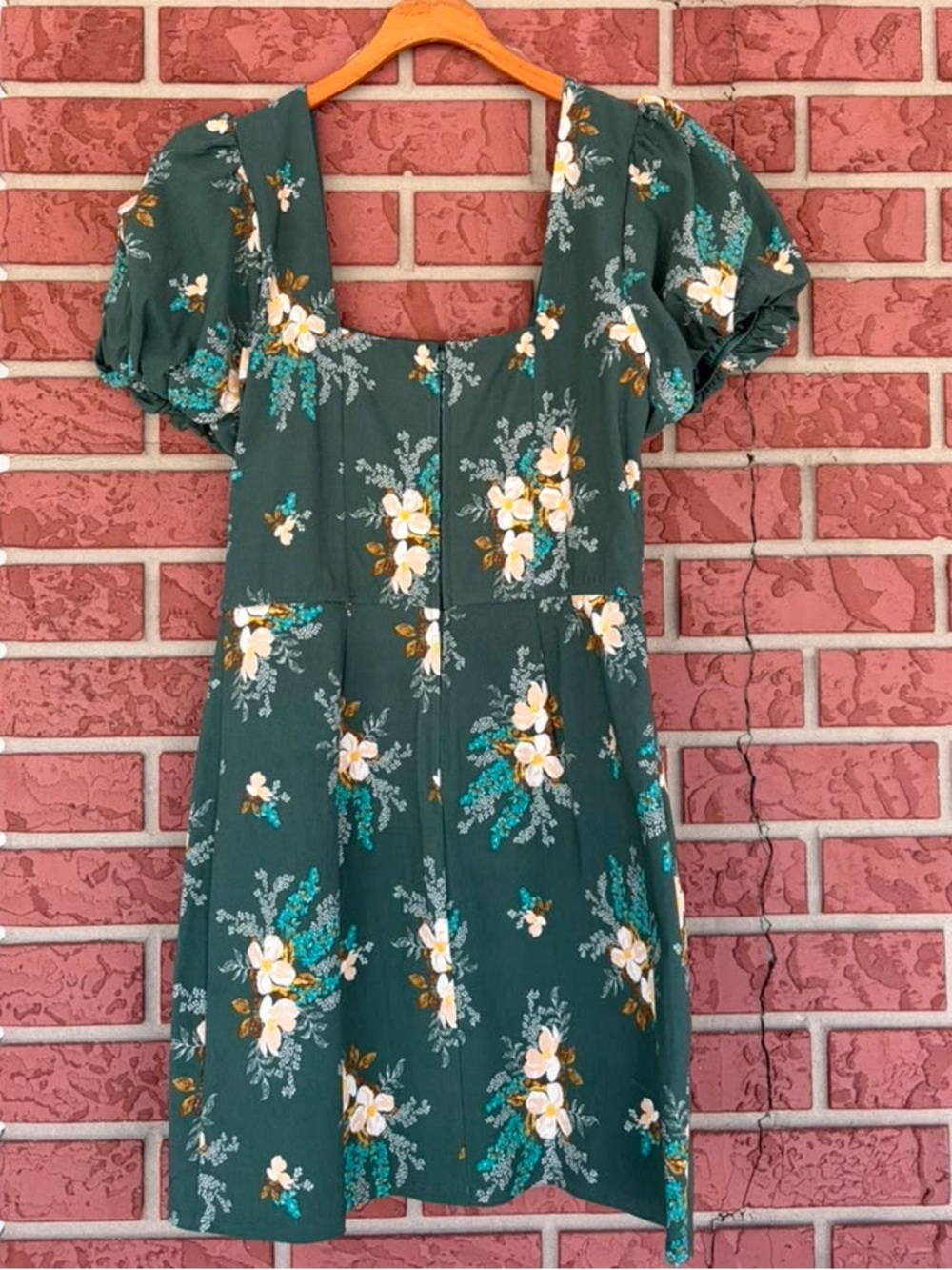 Trixxi Green Floral Square-Neck Puff Sleeve Dress